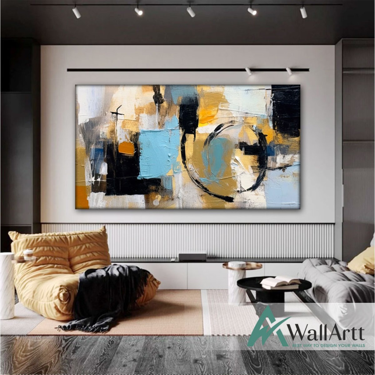 Baby Blue Black Textured Partial Oil Painting