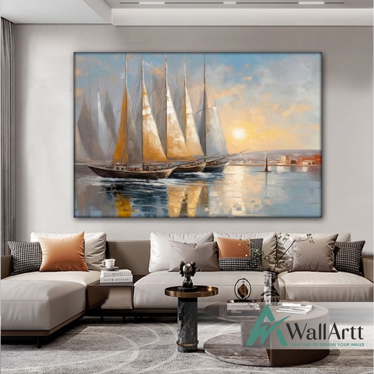 Gold Sailboats Textured Partial Oil Painting