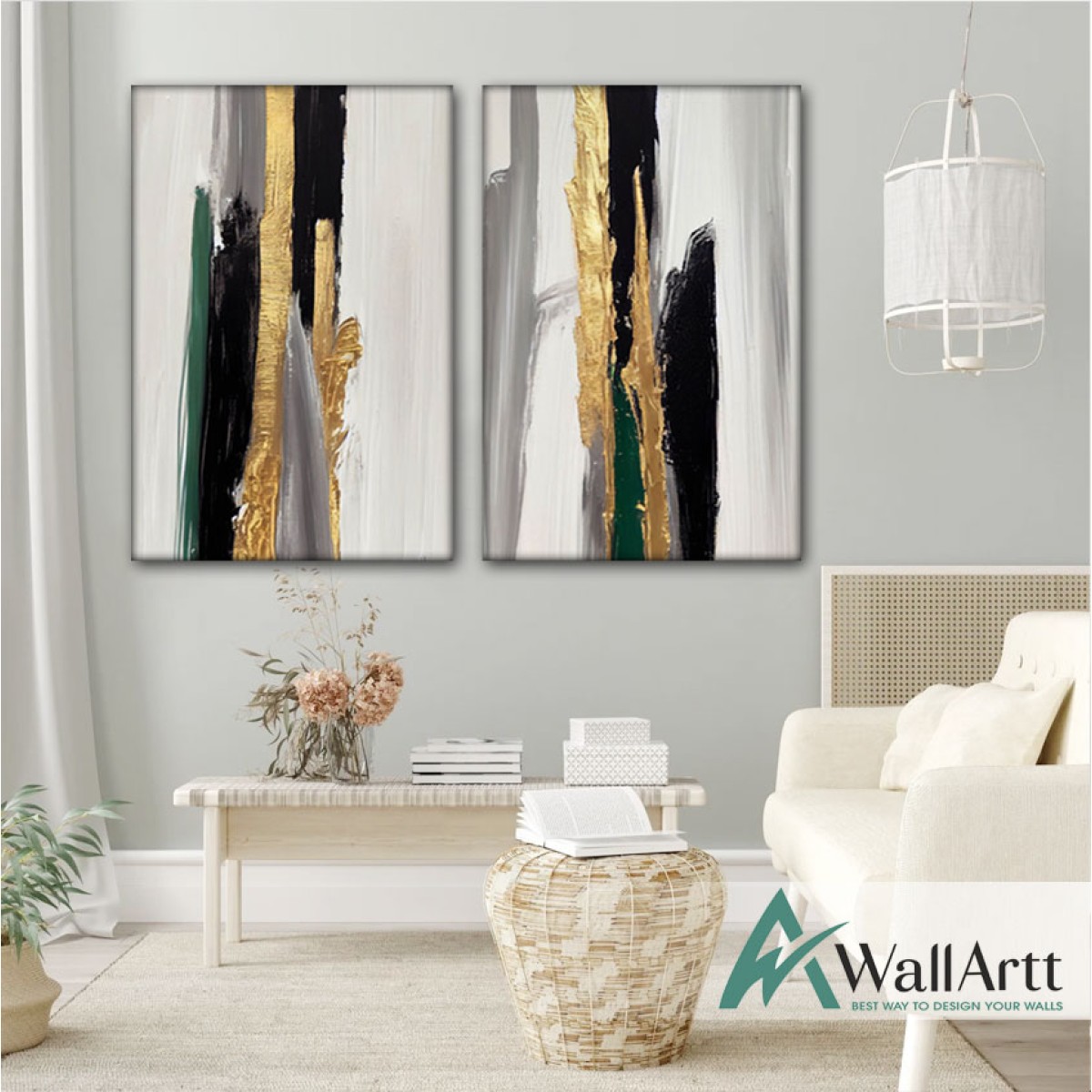 Dark Green Abstract 2 Piece Textured Partial Oil Painting