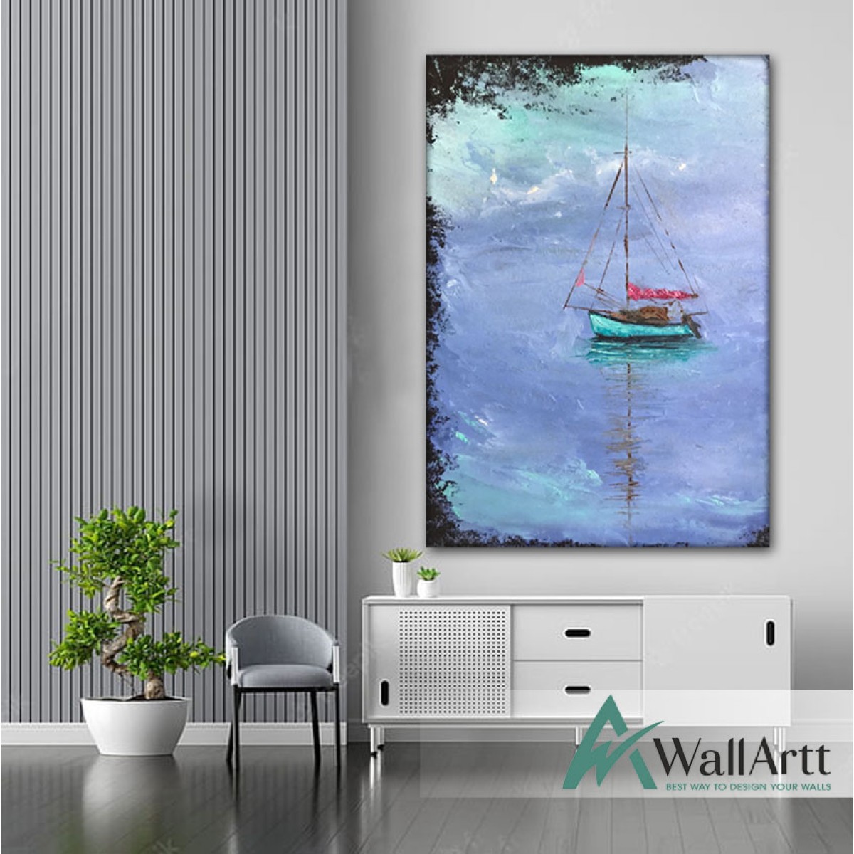 Green Sailboat Textured Partial Oil Painting