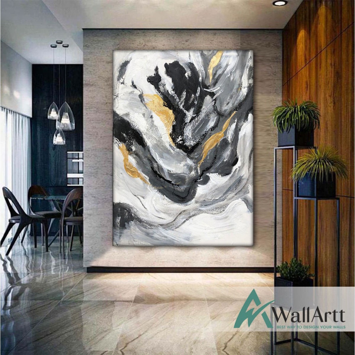 Abstract Black Gold Swirls II Textured Partial Oil Painting