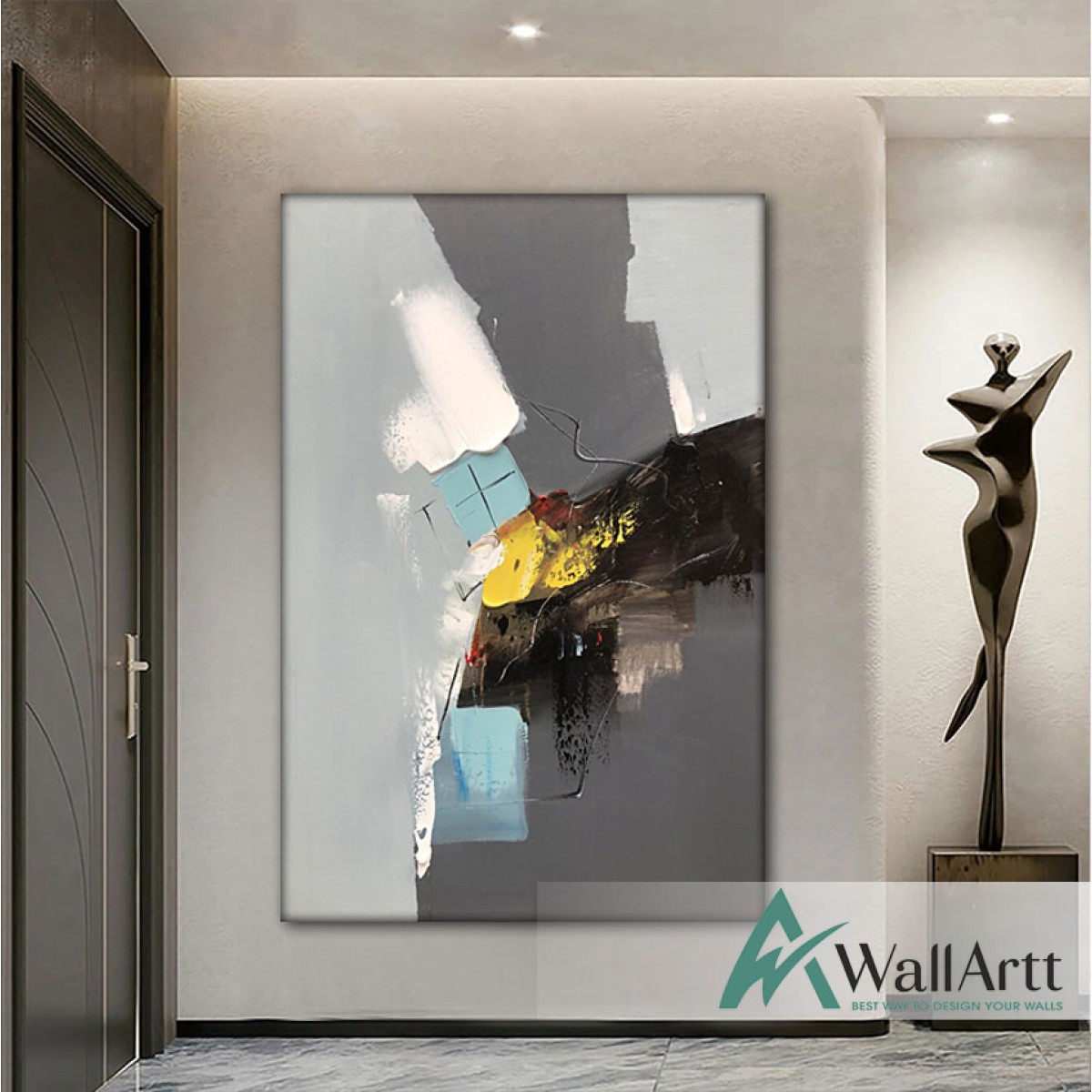 Abstract Grey Blue Textured Partial Oil Painting