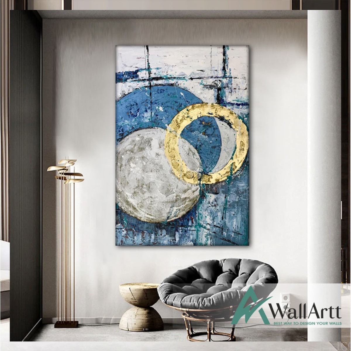 Blue Gold Circles Textured Partial Oil Painting
