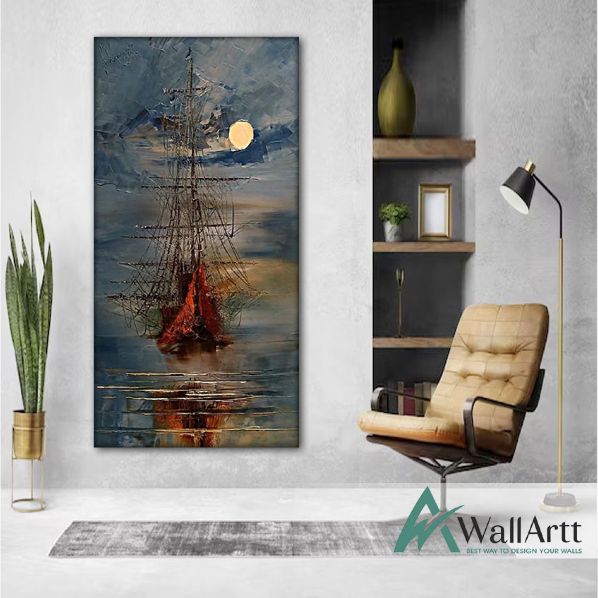 Sailboat under the Moon Textured Partial Oil Painting