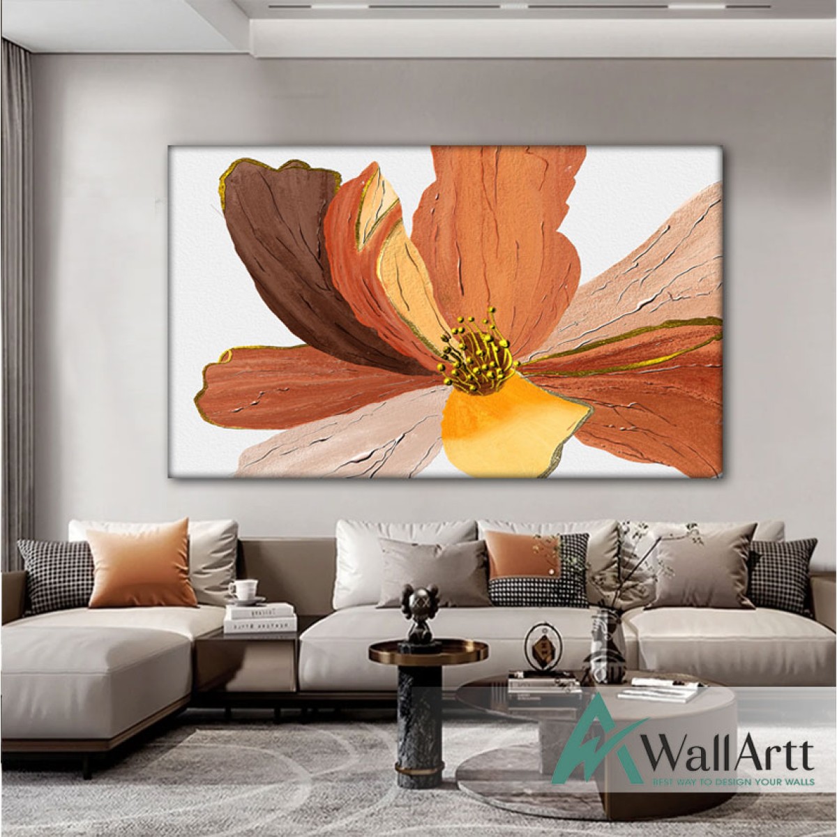 Orange Brown Flower Textured Partial Oil Painting