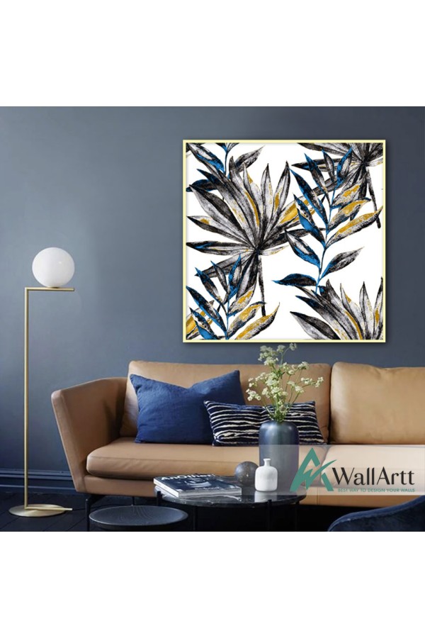 Blue And Gold Leaves Textured Partial Oil Painting