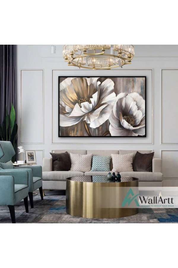 2 White Flower with Gold Foil Textured Partial Oil Painting