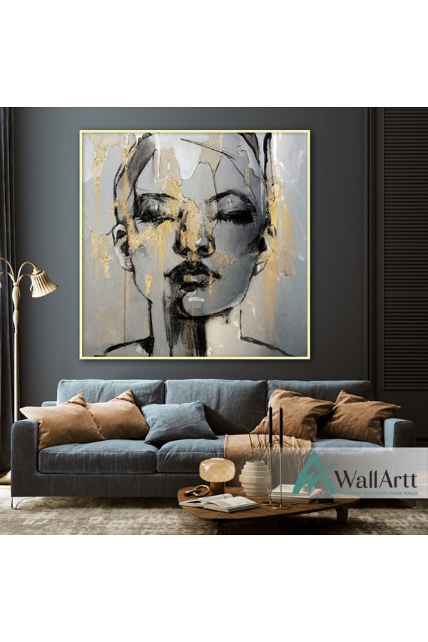 Abstract Woman with Gold Foil Textured Partial Oil Painting