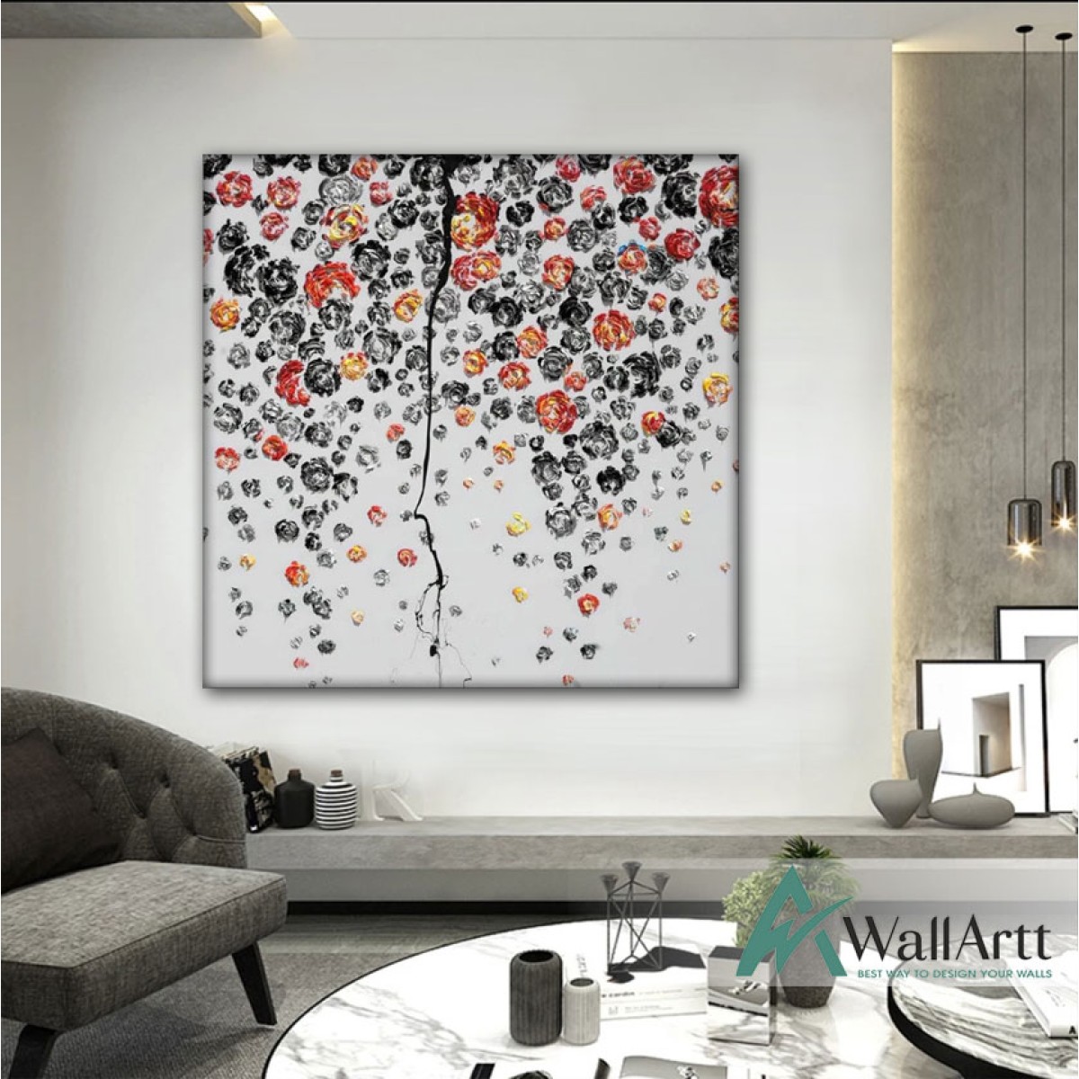 Red Black Flowers Textured Partial Oil Painting