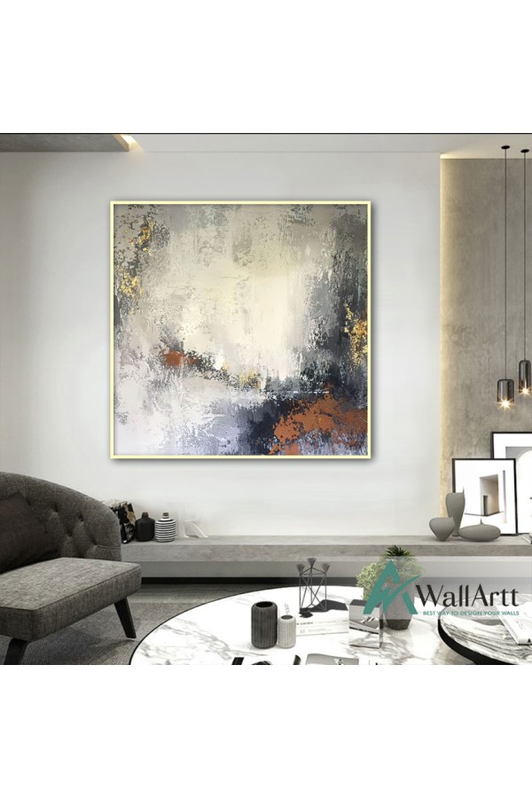 Abstract White n Grey with Gold Foil Textured Partial Oil Painting