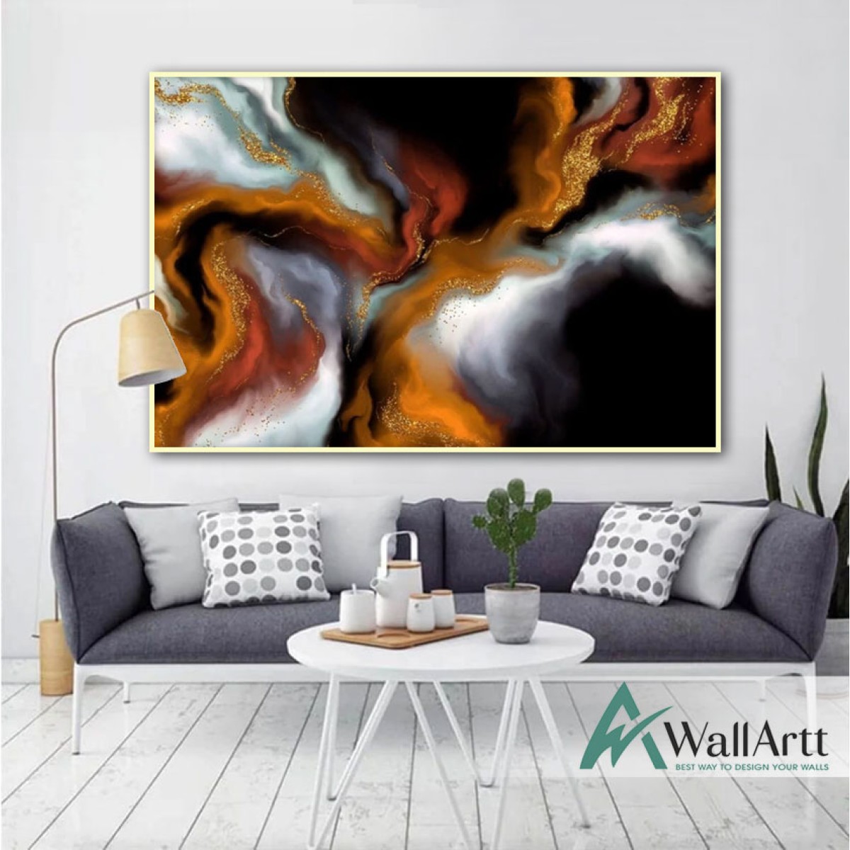Orange Flame with Gold Textured Partial Oil Painting