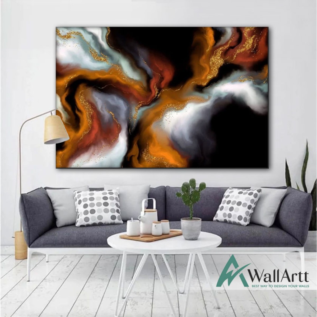 Orange Flame with Gold Textured Partial Oil Painting