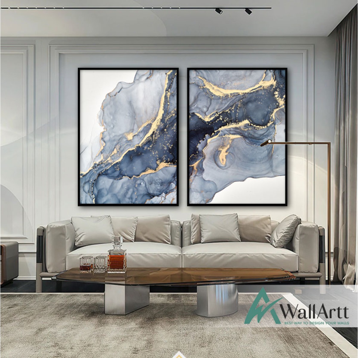 Navy Waterprint with Gold Foil Textured Partial Oil Painting