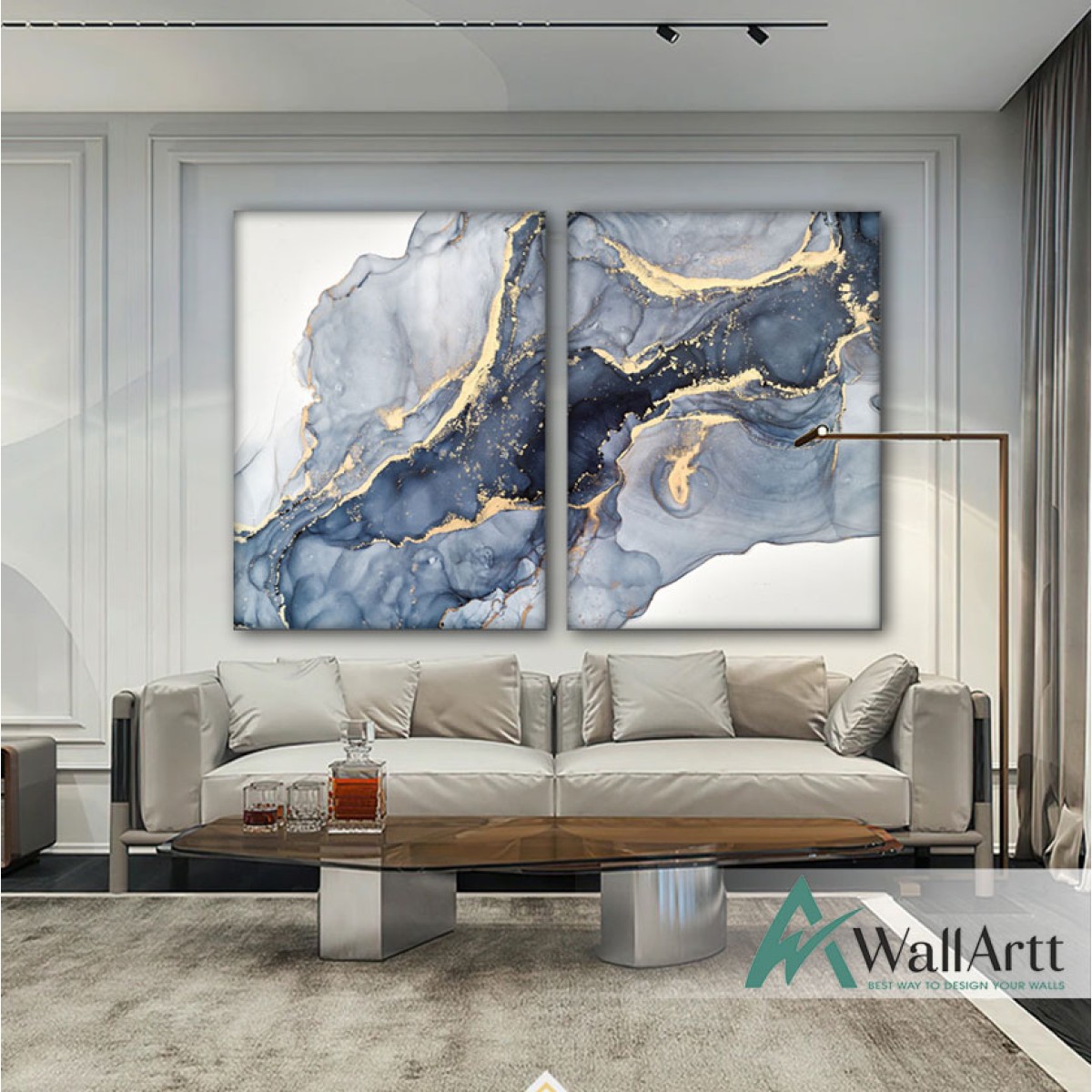 Navy Waterprint with Gold Foil Textured Partial Oil Painting