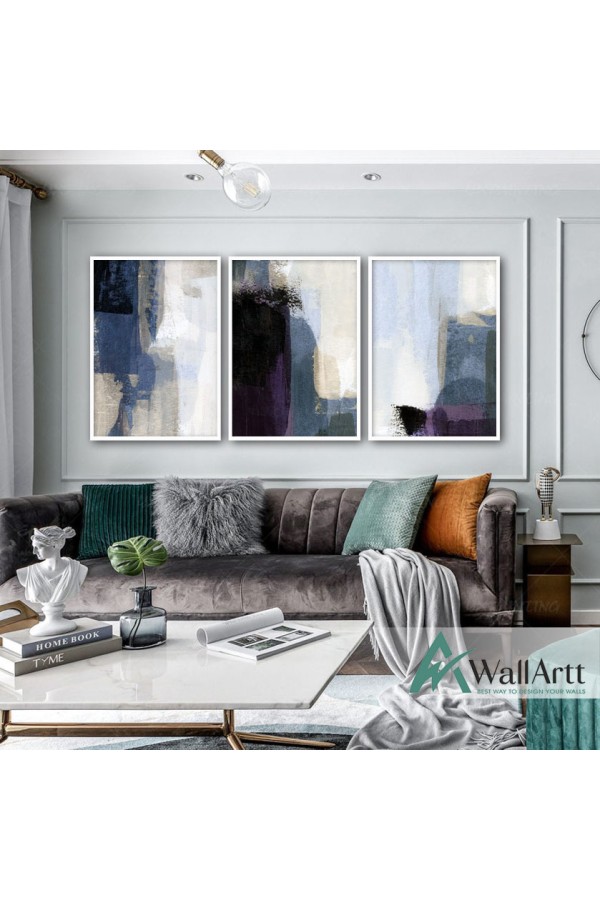 Soft Tones of Navy 3 Piece Textured Partial Oil Painting
