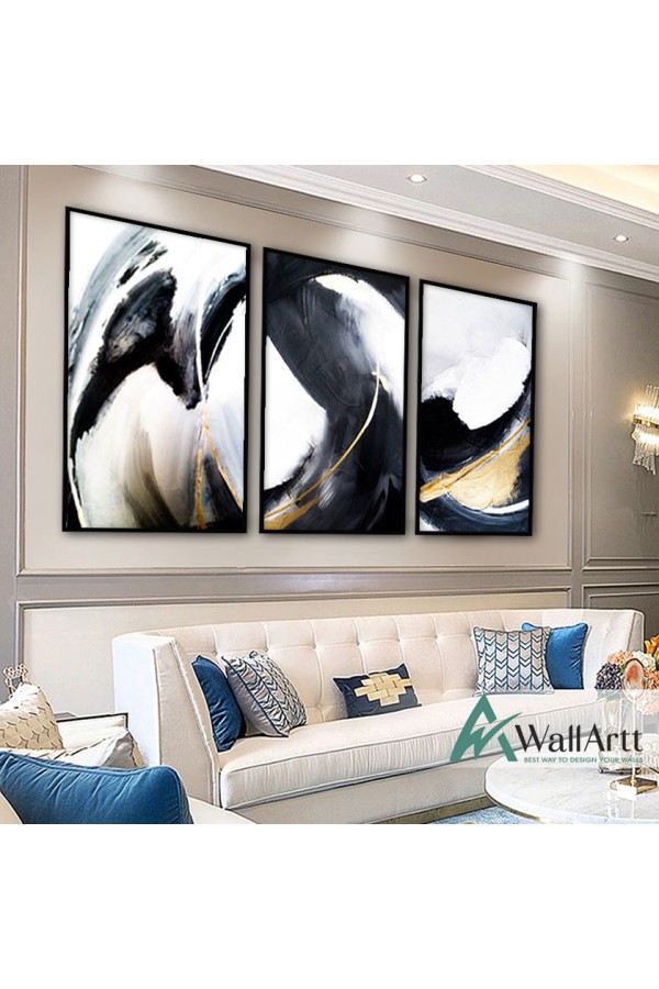 Gold Black n White 3 Piece Textured Partial Oil Painting