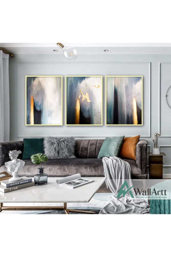 Beauty of Gold n Navy 3 Piece Textured Partial Oil Painting