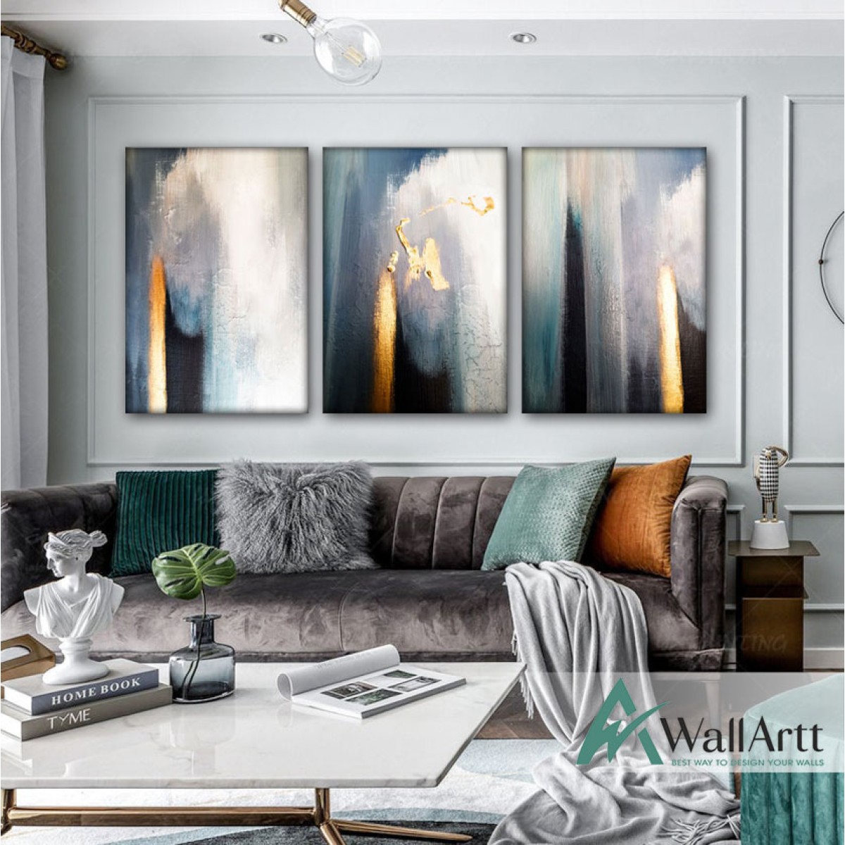 Beauty of Gold n Navy 3 Piece Textured Partial Oil Painting