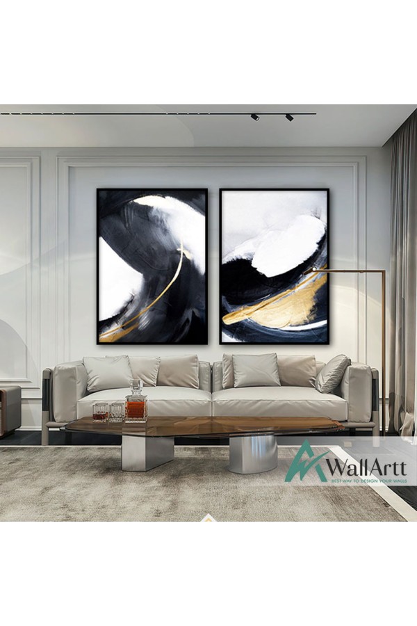 Gold Black n White 2 Piece Textured Partial Oil Painting
