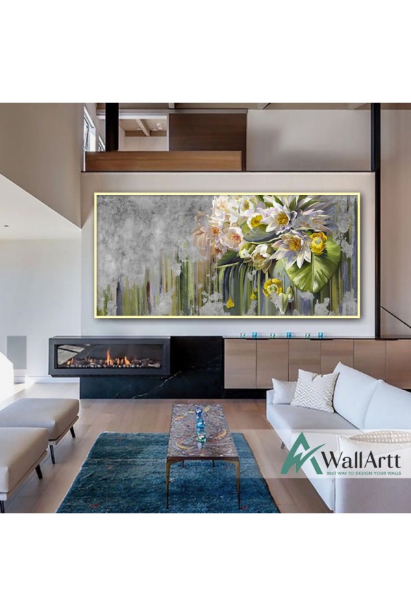 White Tropic Flowers Textured Partial Oil Painting