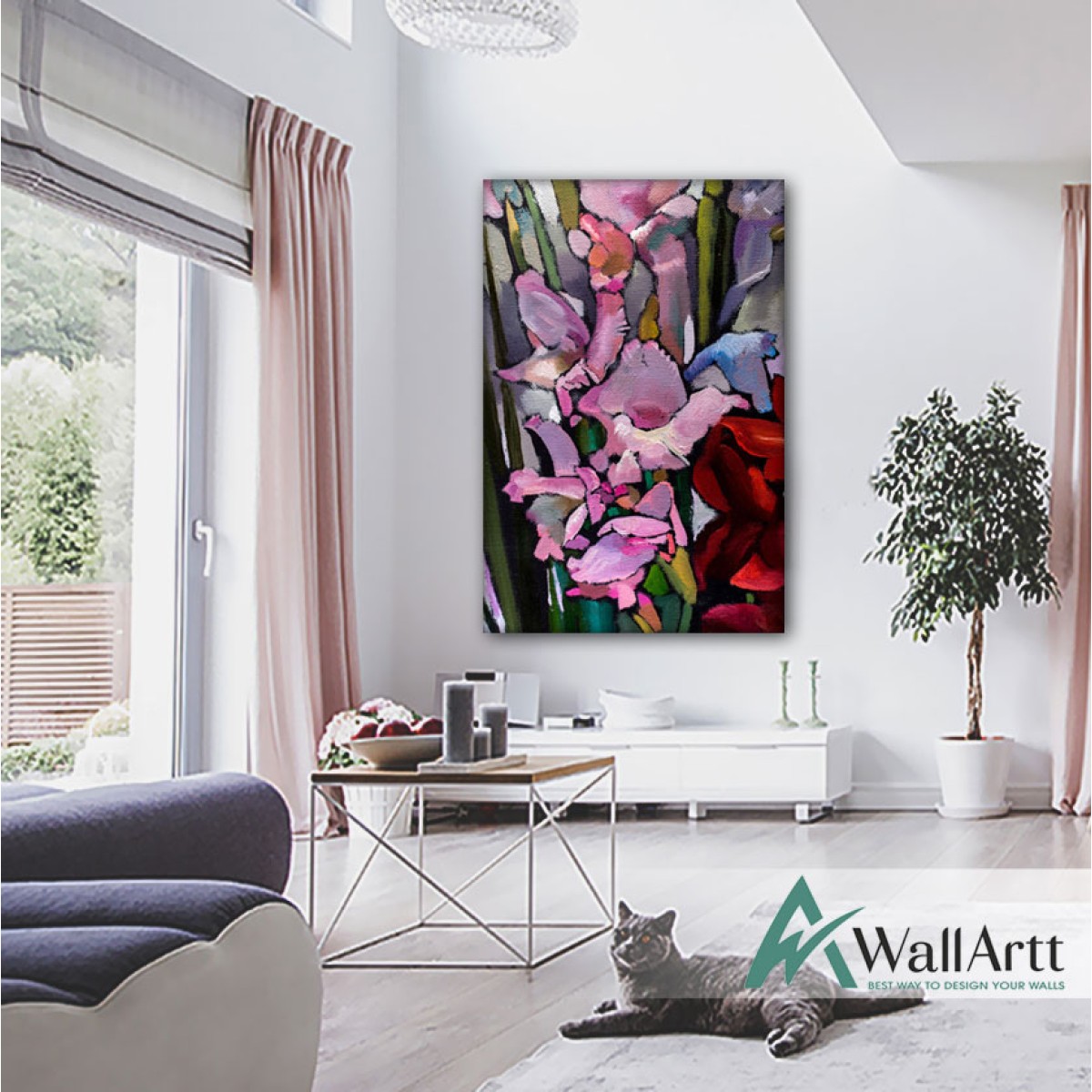 Pink n Red Flowers Abstract Textured Partial Oil Painting