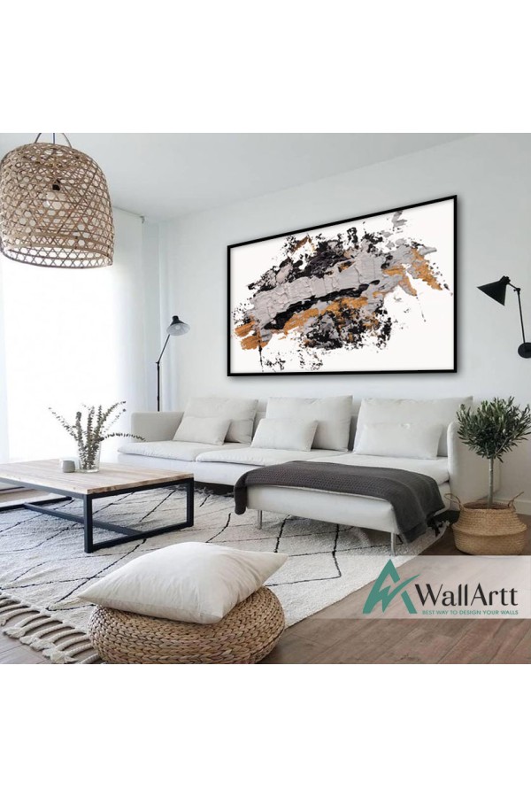 Gold On Black Abstract Textured Partial Oil Painting