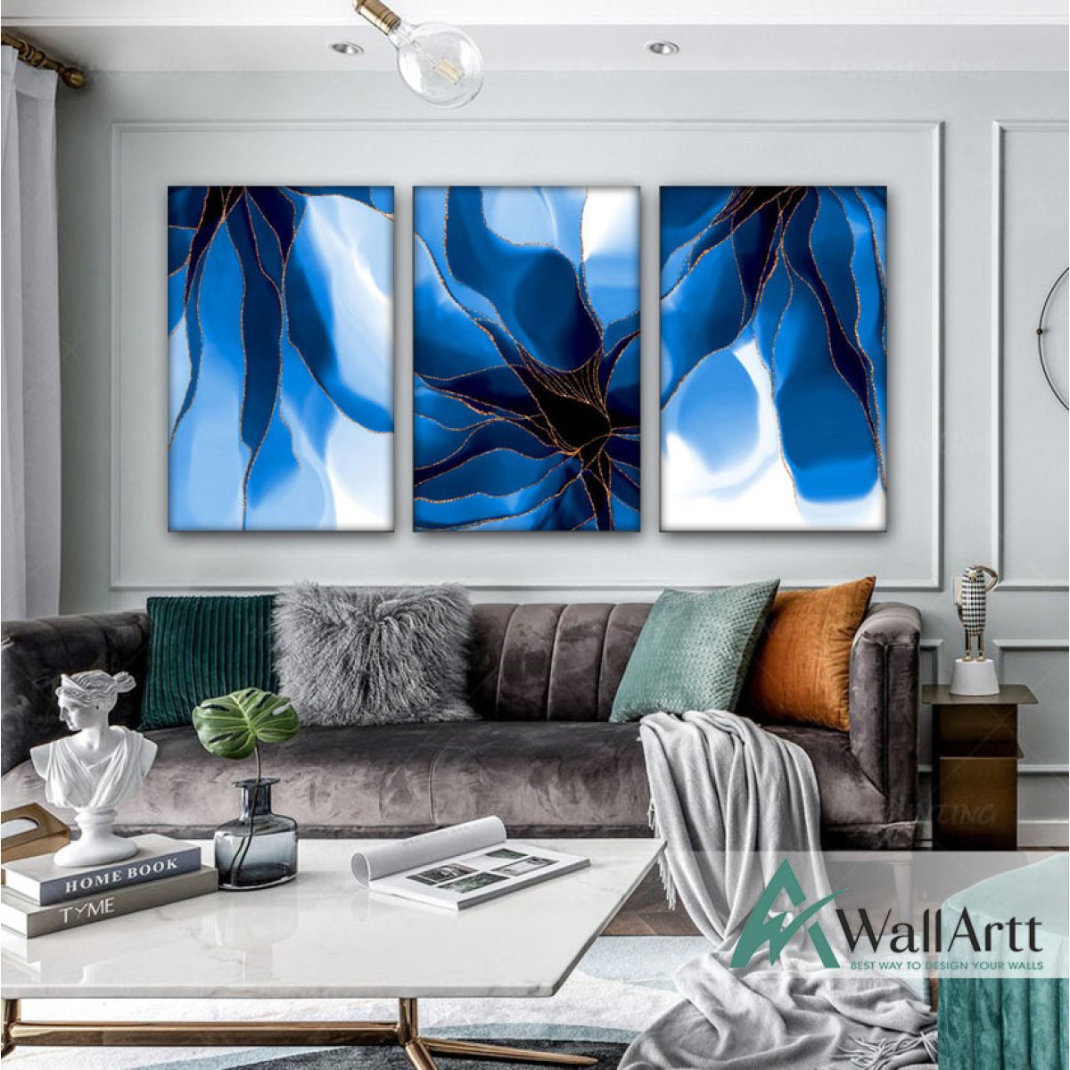Abstract Navy Flower 3 Piece Textured Partial Oil Painting