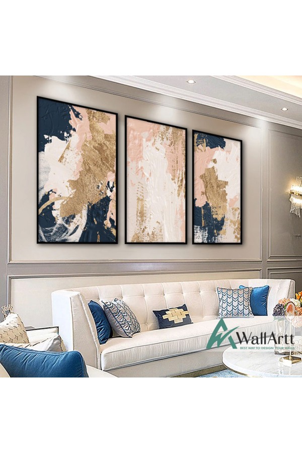 Abstract Navy & Gold 3 Piece Textured Partial Oil Painting