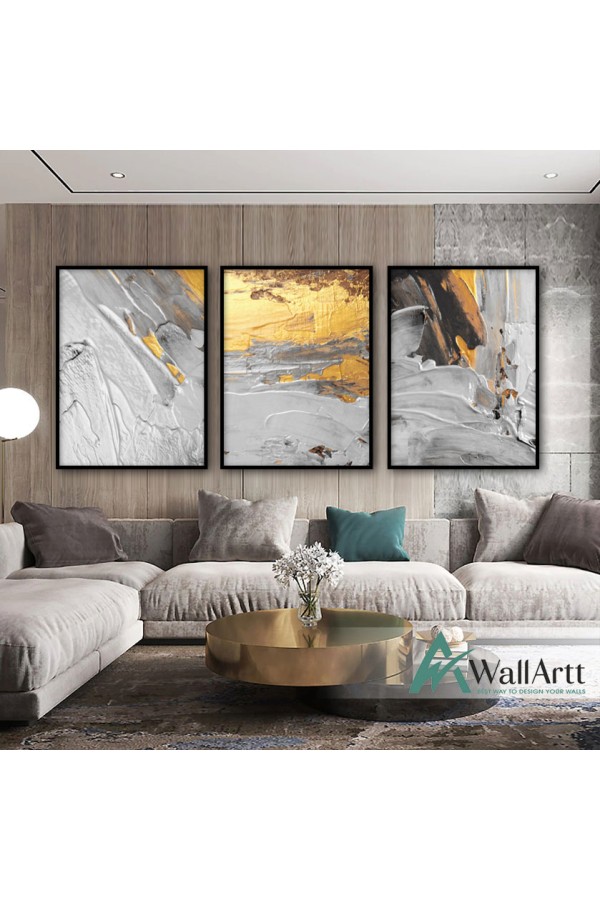 Abstract Gold White 3 Piece Textured Partial Oil Painting