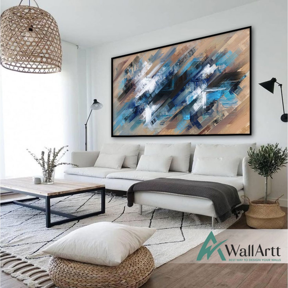 Blue White Abstract Textured Partial Oil Painting