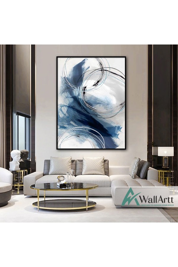 Navy Circle of Silver Textured Partial Oil Painting