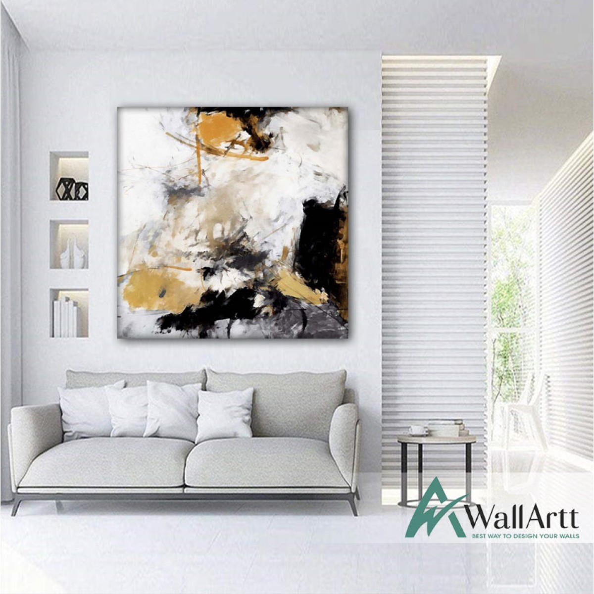 Black n Mustard Abstract Textured Partial Oil Painting