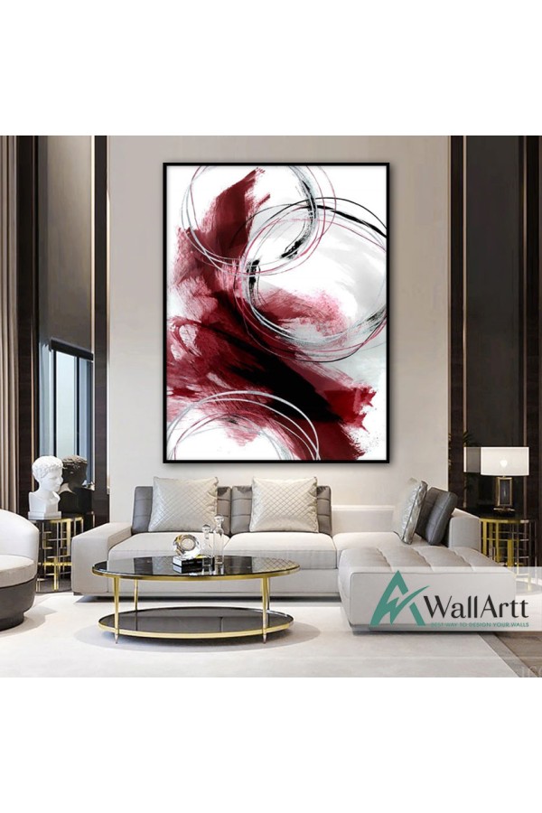Burgandy Circle of Silver Textured Partial Oil Painting