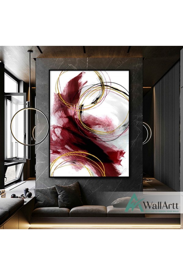 Burgandy Gold Circle Textured Partial Oil Painting
