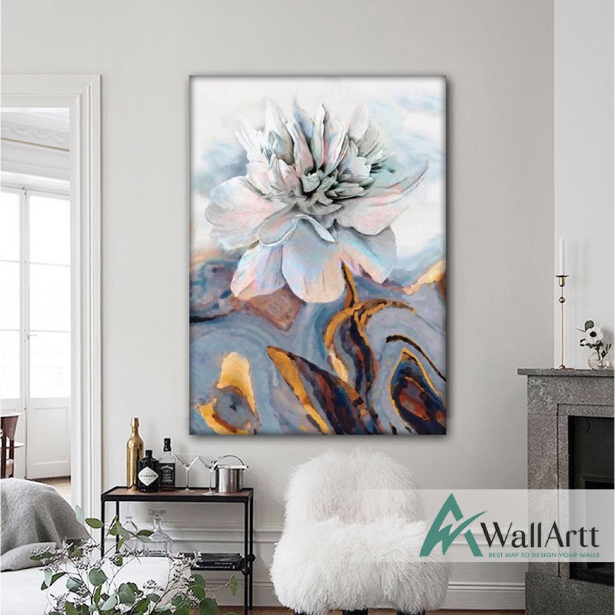 Abstract White Flower II Textured Partial Oil Painting