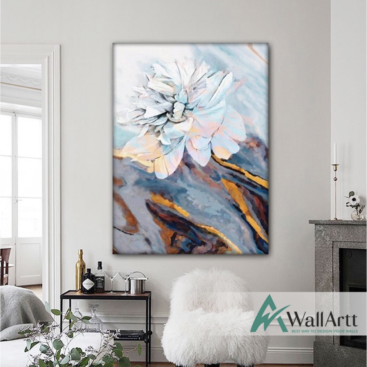 Abstract White Flower III Textured Partial Oil Painting