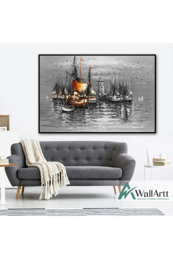 Fishing Boats on the Beach Textured Partial Oil Painting