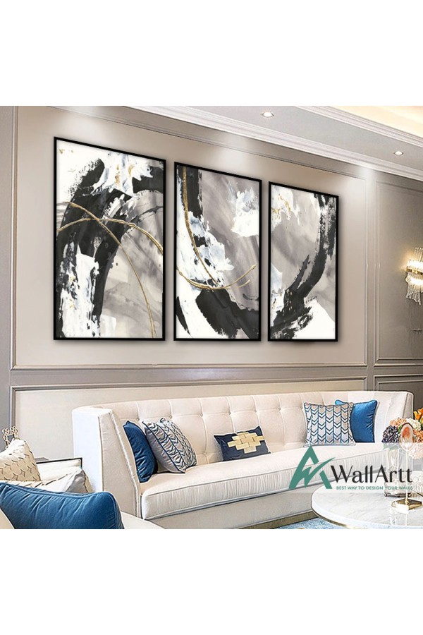 Black White with Gold 3 Piece Textured Partial Oil Painting