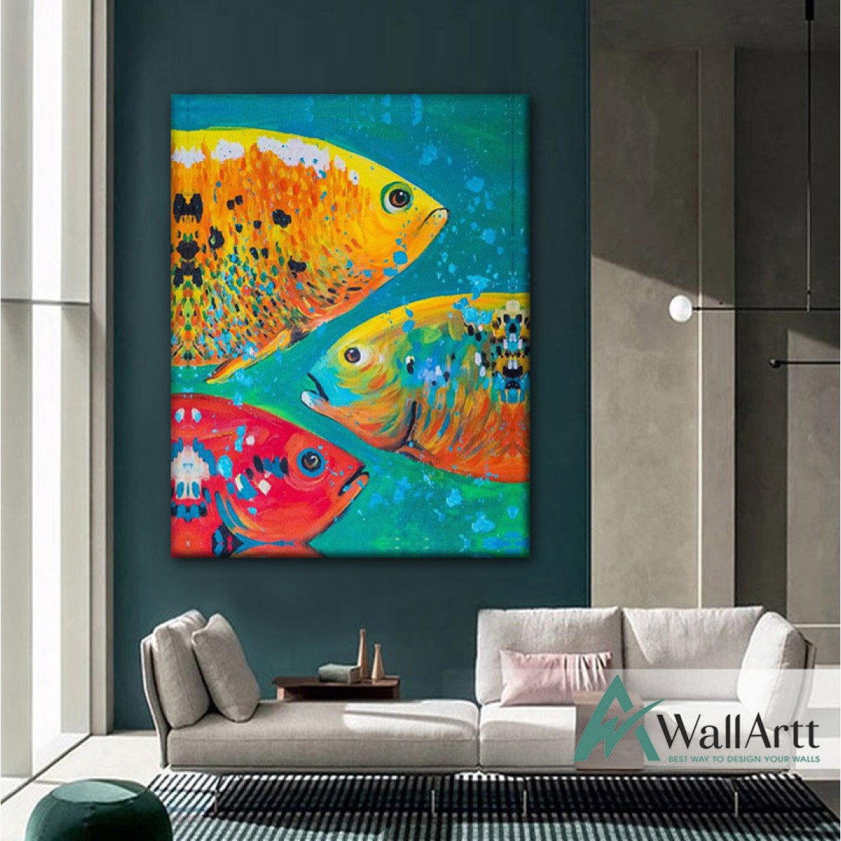 Abstract Colorful 3 Fish Textured Partial Oil Painting