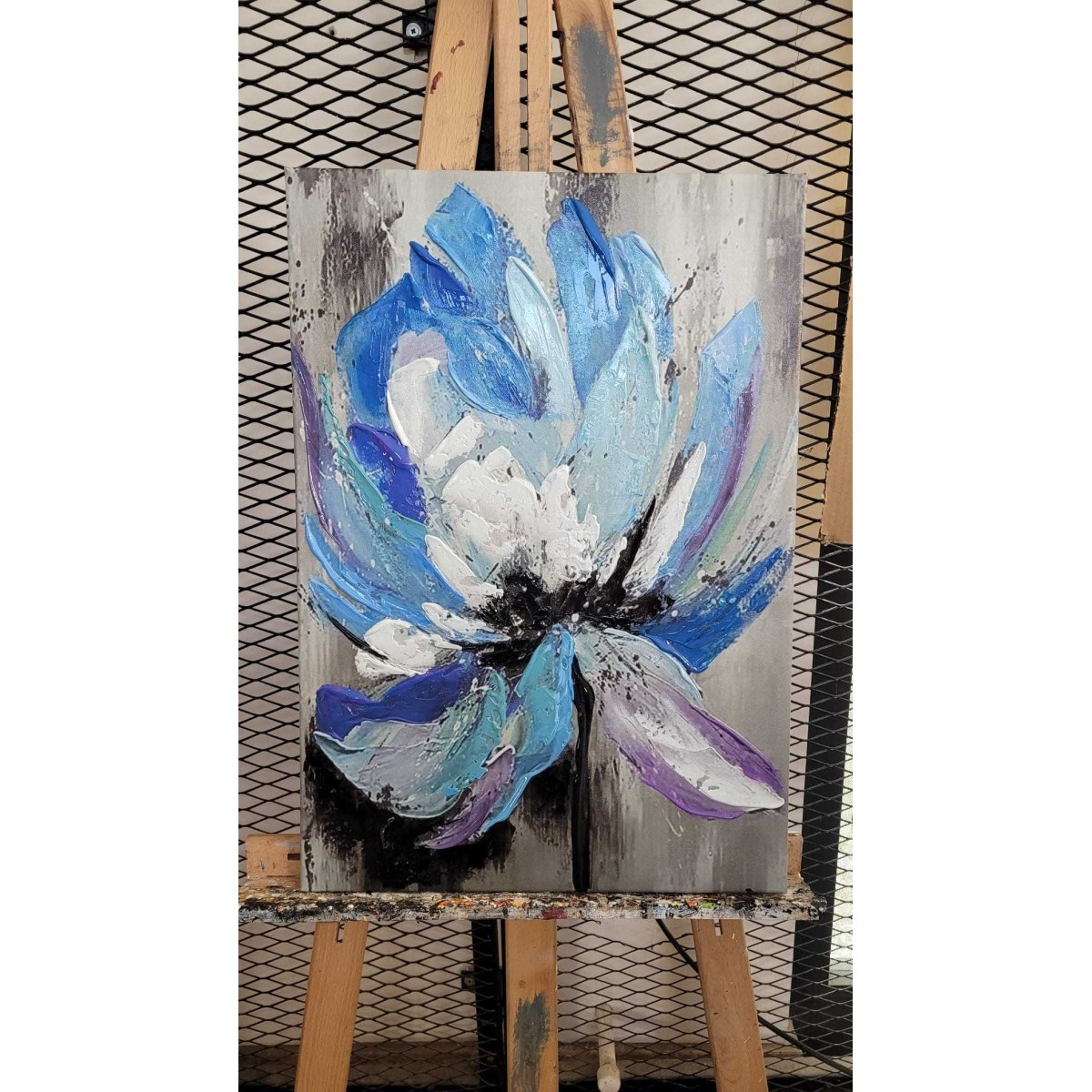 Abstract Blue Flower Textured Partial Oil Painting