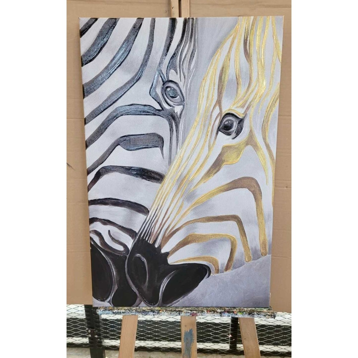 Gold Black Zebras Textured Partial Oil Painting