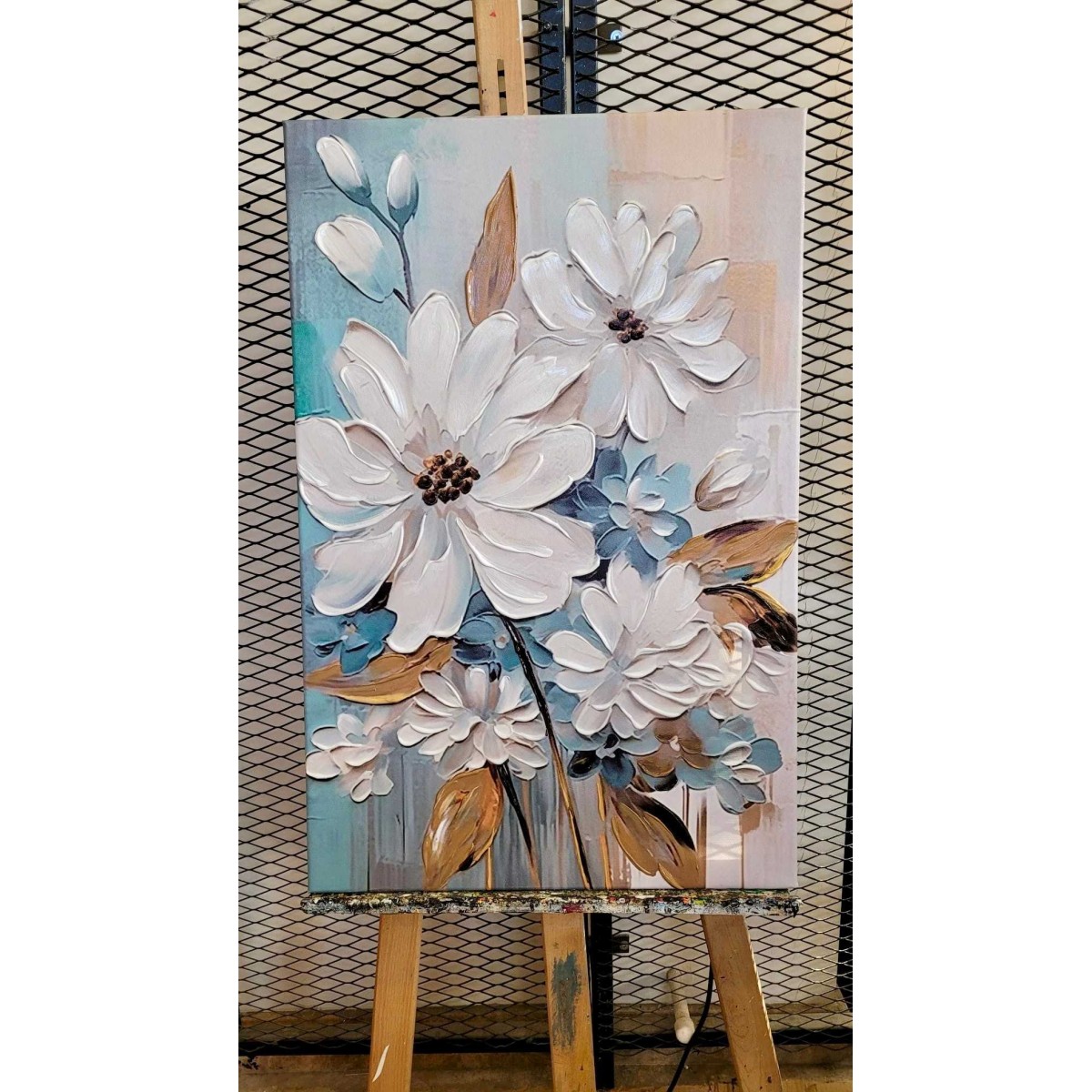 White Blue Flowers 3D Heavy Textured Partial Oil Painting