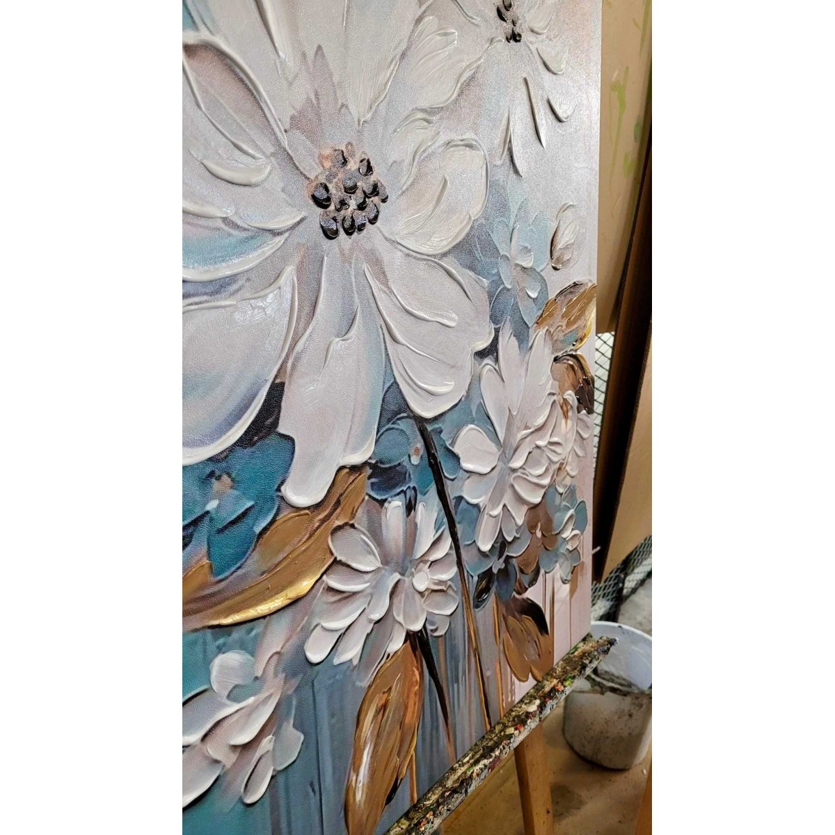 White Blue Flowers 3D Heavy Textured Partial Oil Painting