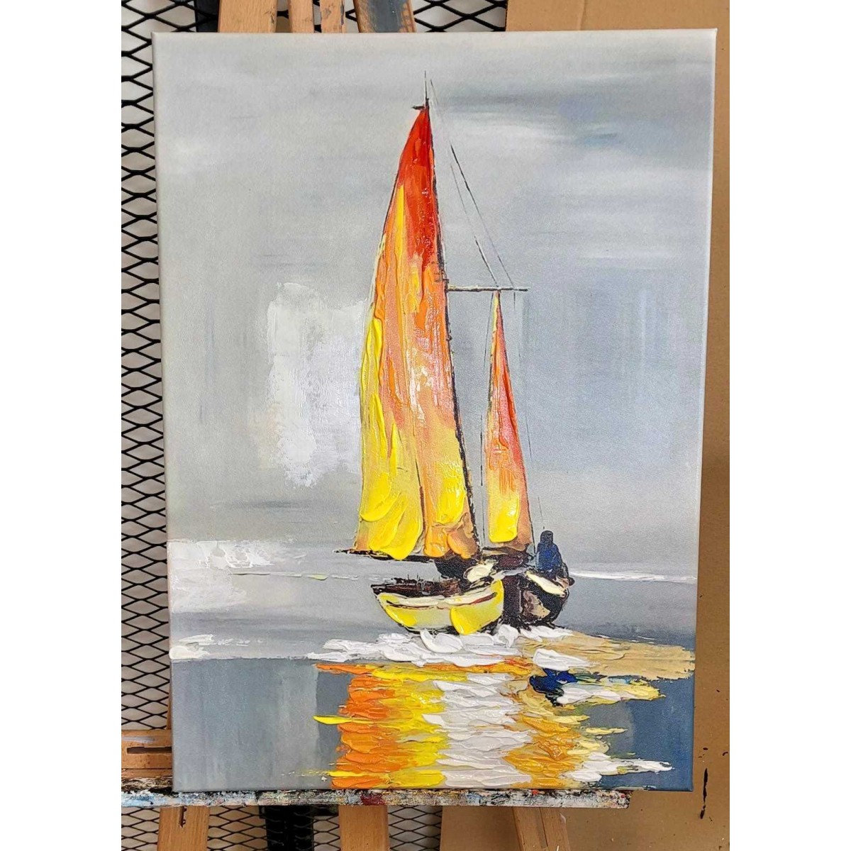 Orange Sailboat Textured Partial Oil Painting