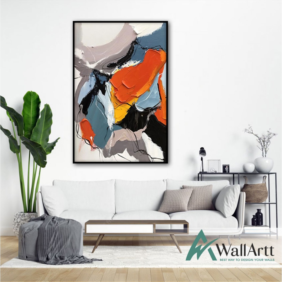 Abstract Orange Petrol Blue 3d Heavy Textured Partial Oil Painting